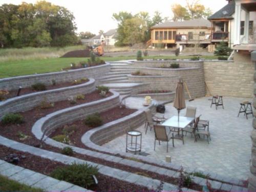 Finished custom retaining wall at walkout basement