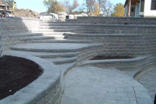 Custom retaining wall and planters at walkout basement